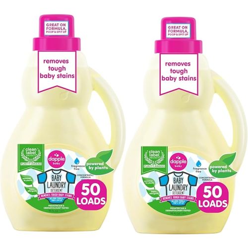 Dapple Baby Laundry Detergent, Plant Powered, Hypoallergenic, Fragrance Free, Concentrated, 50 fl oz (Pack of 2)