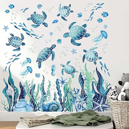 Ocean Sea Turtle Wall Stickers - Under The Sea Marine Theme Seaweed Grass Wall Decals - Baby Nursery Kids Bedroom Daycare Bathroom Wall Decor Stickers