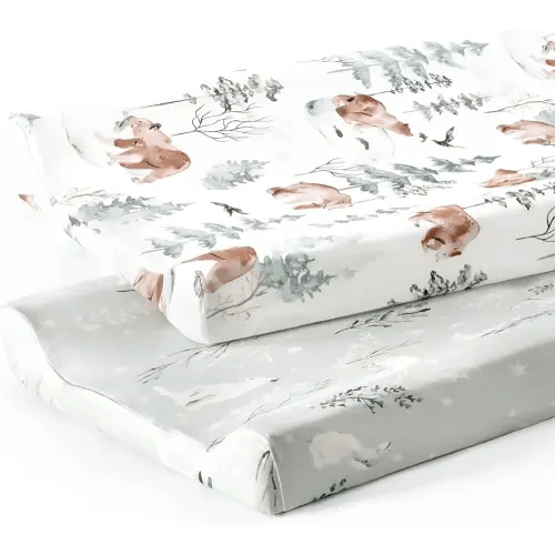 GRSSDER Stretch Ultra Soft Jersey Knit Changing Pad Cover Set 2 Pack, Change Table Pad Covers Fit 32"/34" x 16" Pads Safe and Snug, Pretty Pattern for Boys and Girls, Bear and Wolf Print