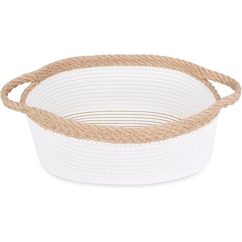 ABenkle Small Basket, 12"x 8" x 5" Cute Small Woven Basket, Rope Room Shelf Storage Basket, Cat Dog Toys Basket Chest Box, Decorative Empty Gift Basket with Handles - White & Jute