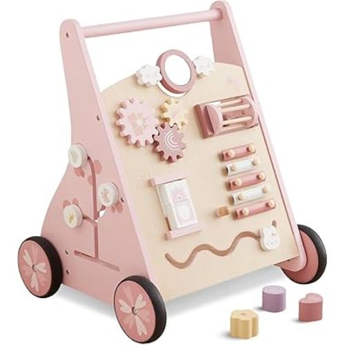 Beright Wooden Baby Walker Push and Pull Learning Activity Walker Kids’ Activity Toy Multiple Activities Center Develops Motor Skills & Stimulates Creativity(Pink)