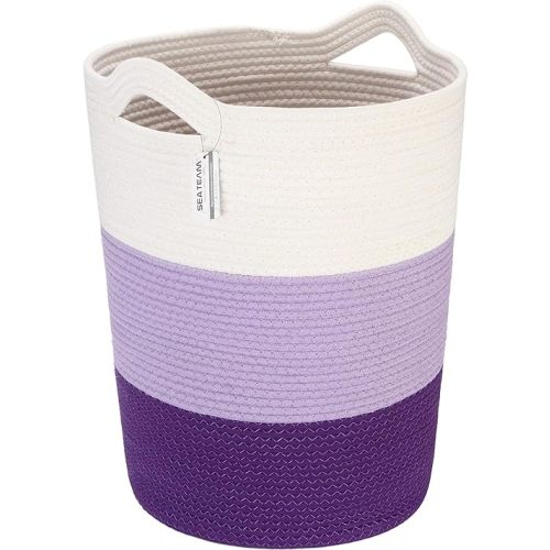 Sea Team Large Size Cotton Rope Woven Storage Basket with Handles, Laundry Hamper, Fabric Bucket, Drum, Clothes Toys Organizer for Kid's Room, 20 x 14 inches, Round Open Design, White & Purple