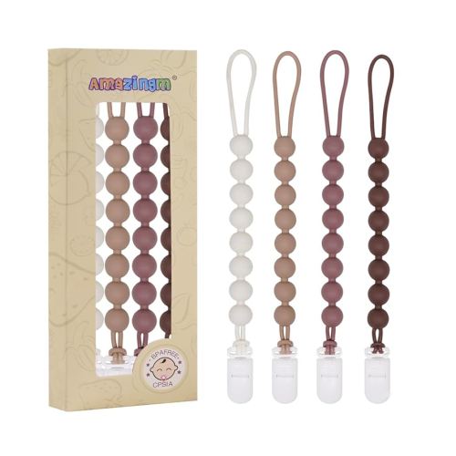 One Piece Design Silicone Pacifier Clip Holder for Baby Boys and Girls,Flexible Pacifier Leashes,Soft Teether Clip for Newborns,4-Pack. (Brown)