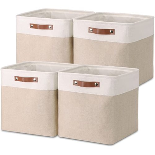 Temary Cube Storage Bins 13x13 Fabric Storage Cubes Baskets Set Of 4 Cloth Baskets for Shelf, Large Basket Gift Empty Toy Baskets for Kids, Dog Toy Baskets Cube Basket for Storage (White&Khaki) - 13 x 13 x 13
