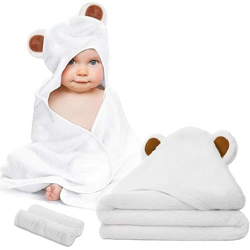 Baby Towel and Washcloth Set-Baby Bath Towel and Washcloth -Hooded Towel and Washcloth-Organic Fiber Hooded Baby Towel for Boys, Girls, Kids, Toddlers, Newborn Bath Present(Beige)