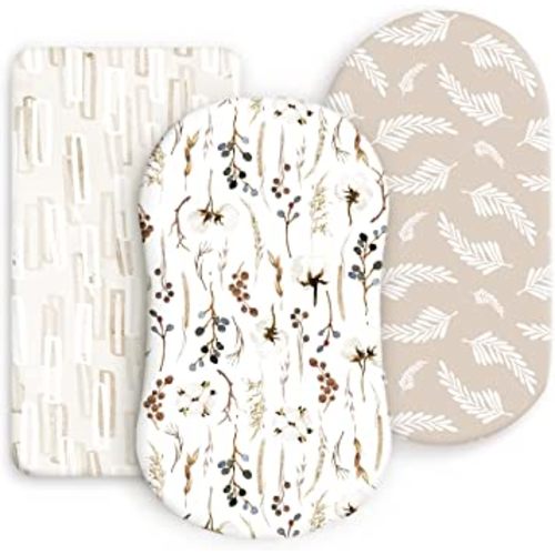 GRSSDER Stretchy Ultra Soft Fitted Bassinet Sheet Set 3 Pack, Universal Fit for Bassinets Baby Cradle Moses Basket Oval Rectangle Mattress Safe and Snug, Stylish Pretty Flora for Baby, Beige