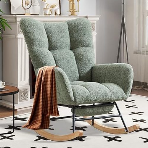 Rocking Chair Nursery with Foot Rest,Upholstered Glider Chair with High Backrest, Rocker Accent Armchair with Solid Wood Legs for Nursery Bedroom Living Room（Light Green）