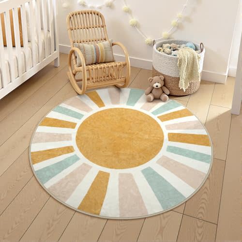 LIVEBOX Retro Sun Round Rug 4ft Boho Rug for Nursery Room,Non-Slip Circle Ultra Soft Cute Colorful Kids Rugs for Bedroom,Washable Throw Area Rugs Carpet for Living Room Indoor Office