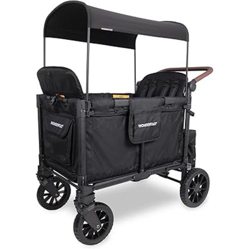 WONDERFOLD W4 Luxe Pro Stroller Wagon (4 Seater) - Collapsible Wagon Stroller with Seats Featuring 5-Point Safety Harnesses and Adjustable Sun Canopy, Jet Black
