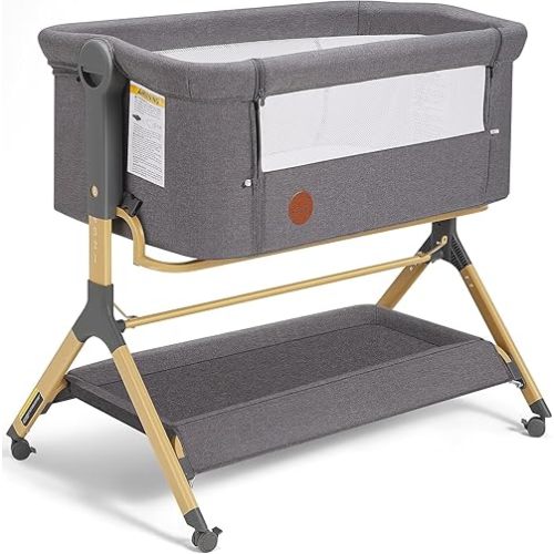 Baby Bassinet with Waterproof Mattress Cover, Bedside Bassinet with Wheels and Storage, Height Adjustable Fit for Any Bed, Baby Bed Crib for Newborn (Classic Grey)