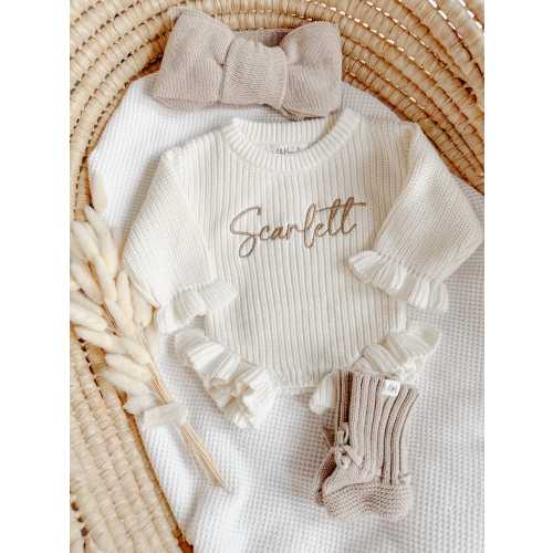 Embroidered name baby romper, newborn girl coming home knit ruffle outfit, custom chunky knit ribbed bodysuit, personalized baby shower gift