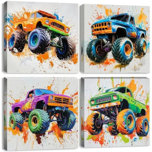 Colorful Hot Wheels Monster Truck Wall Art Nursery Artwork Watercolor Car Wall Decor for Kids Room Canvas Trucks Pictures Boys Bedroom Vehicle Prints Posters Bathroom Gamer Home Decorations 12x12" 4P