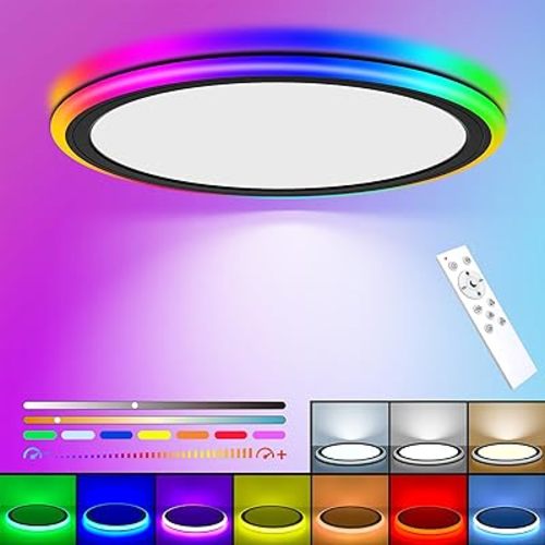 RGB Led Flush Mount Ceiling Light with Remote Control, BLNAN 13Inch 24W 2400LM 3000K-6500K Dimmable Color Changing Wired Light Fixture, Colorful for Bedroom Kids Room Party Festival, Black