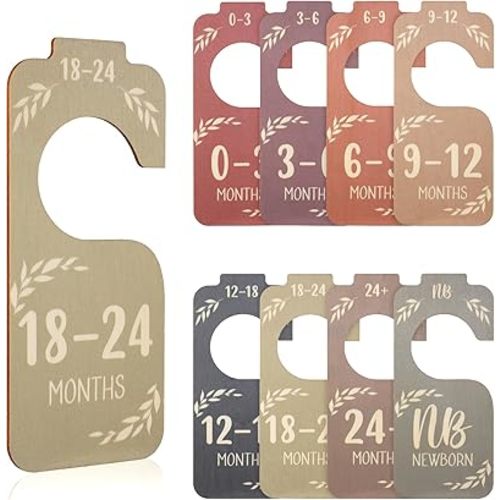 8pcs Baby Closet Dividers for Clothing Organizer, Double-Sided Baby Wardrobe Divider Multi-Color Wooden Clothes Size Classification Hanger from Newborn to 24 Months Nursery Decor