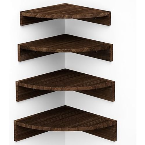 Alsonerbay Corner Shelf Wall Mount, Floating Shelves for Wall Storage and Display, Set of 4 Rustic Wood Shelves for Bedroom, Kitchen, Living Room, Nursery and Office (Dark Brown)