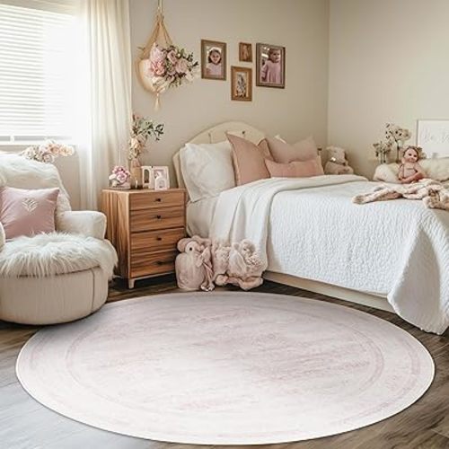 6ft Round Rug Pink – Boho Retro Indoor Rug, Low Pile, Machine Washable, Non-Slip Backing, for Bedroom, Nursery, Living Room, Playroom, Lounge