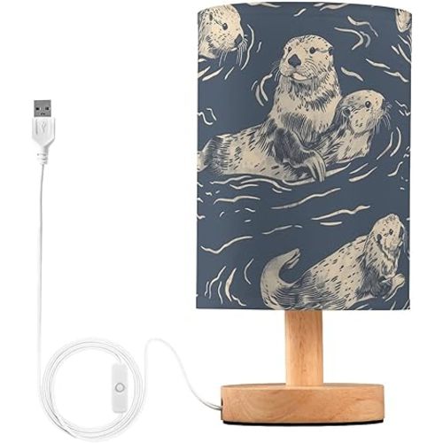 Bedside Table Lamp Sea Otter Animal Blue Nightstand Lamp with Wood Desk Lamps for Bedroom Living Room Nursery Office Home Decor