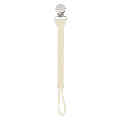 Itzy Ritzy Silicone Pacifier Clip; 100% Silicone Pacifier Strap with Clip Keeps Pacifiers, Teethers & Small Toys in Place; Features Cute Braid Detailing & Silicone Cord, Buttercream with Silver Clip