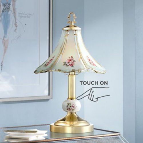 Regency Hill Traditional Accent Table Lamp 16" High Polished Brass Floral Glass Shade Touch On Off for Bedroom House Bedside Home