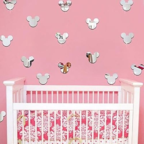 20PCS Cartoon Mickey Mouse Head Mirror Wall Sticker Baby Nursery Cute Animal Wall Decal Children Room (Silver Mirror, Acrylic Mirror Material)