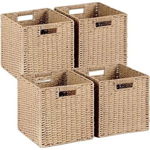 Woven Wicker Storage Baskets 4-Pack, 11x11 Handwoven Paper Rope Organizer Bins, Foldable Cube Storage Cubes with Built-in Handles for Shelves and Closet Organization(Natural Beige)