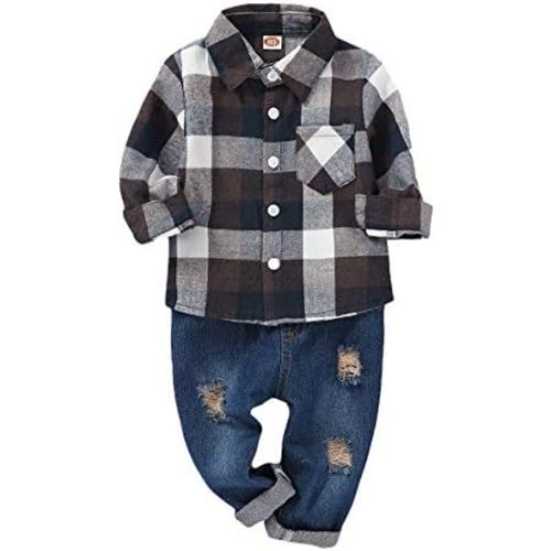 2Pcs Baby Boys Girls Toddler Kids Red Plaid Flannel Shirt Elastic Waist Ripped Holes Soft Jeans Outfit Set