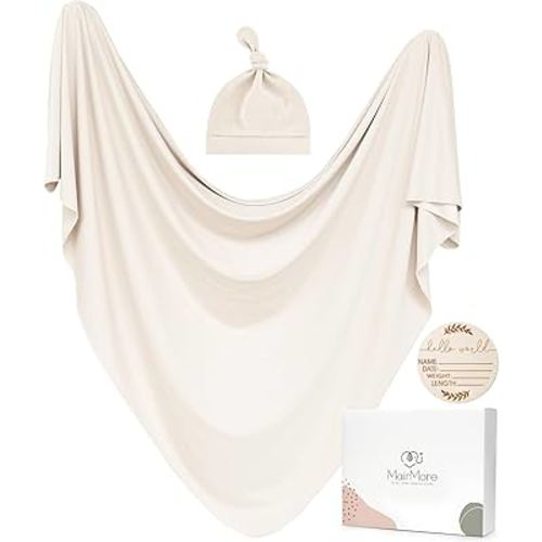 Baby Swaddle Receiving Blankets with Matching Beanie Set Newborn Nursery Swaddle Wrap for Baby Girls and Boys (Apricot)