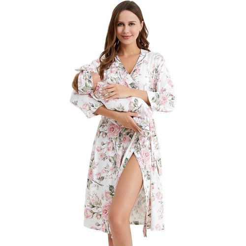 Galabloomer Flower Maternity Robe and Baby Receiving Blanket, Matching Mommy Labor Delivery Robe and Swaddle Set