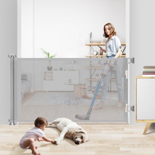 HDJ 71" Extra Wide Retractable Baby Gate, 34" Tall Mesh Baby Safety Gates for Stairs, Metal Auto-Lock Dog Gate,Grey