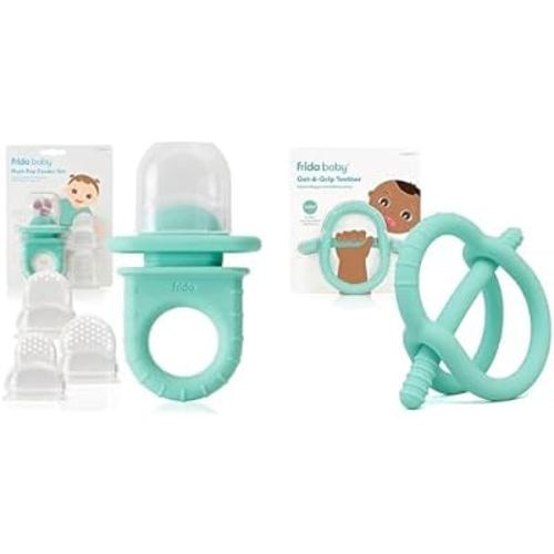 Frida Baby Push Pop Feeder, Baby Fruit Feeder + Get-A-Grip Teether Teething Toy | 100% Food-Grade Silicone Food Pacifier & Teether Toy for Baby 0-6, 12, 18 Months Infant, (Teal)