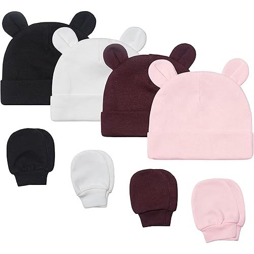 Baby Girl Boy Cotton Cute Beanie Hat 0~6Months Double Layer Fabric 8PCS Infant Bear Ears Cap Anti-Scratch Gloves