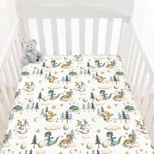 HawSkgFub Watercolor Cute Dragon Fairy Tale Fitted Standard Crib Sheet Baby Boy, Cloud Moon Star Dragons Egg Toddler Mattress Cover, Soft Breathable Stretchy Nursery Bed Sheets Decor Gift 52" x 28"