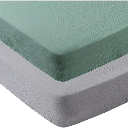 Muslin Crib Sheets 2 Pack for Boy and Girl, Soft Breathable Baby Fitted Sheet 28" x 52" Compatiable with Standard Crib Mattress and Toddler Bed Mattress, Grey and Green