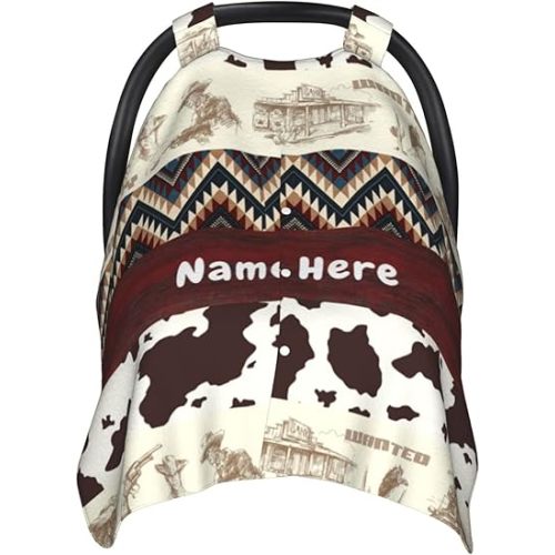 Personalized Western Style Baby Car Seat Canopy for Babies with Name, Customized Cowboy Stroller Car Seat Covers for Girls Boys, Minky Nursing Carseat Cover for Breastfeeding, Newborn, Infant