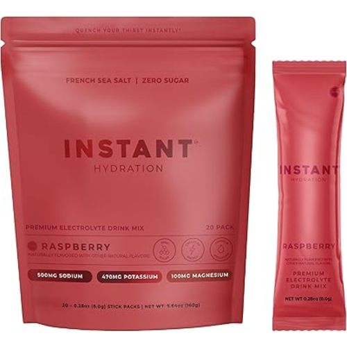 Instant Hydration Sugar Free Electrolytes Powder Packets - Raspberry Electrolyte Drink Mix & Travel Essentials - Post Workout Recovery, Brain Health, Muscle & Tissue Support - 20 Sticks