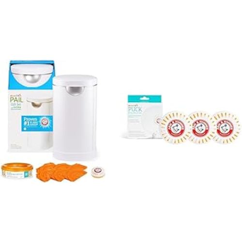 Munchkin® PAIL™ Diaper Pail, Powered by Arm & Hammer, Includes 6 Snap, Seal and Toss™ Bags, 1 Starter Refill Ring, and 4 PUCK™ Baking Soda Cartridges