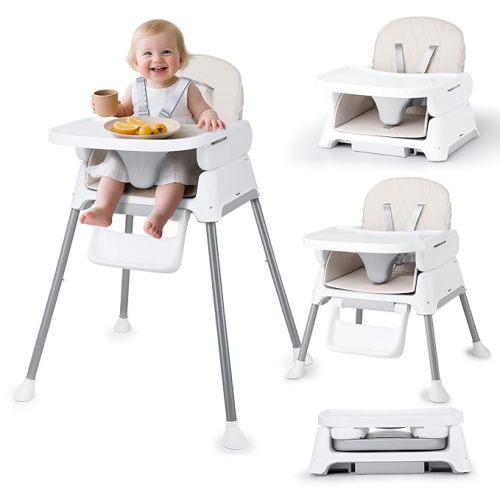 3 in 1 Baby High Chair, Bellababy Adjustable Convertible Chairs for Babies and Toddlers, Compact/Light Weight/Portable/Easy to Clean, Beige