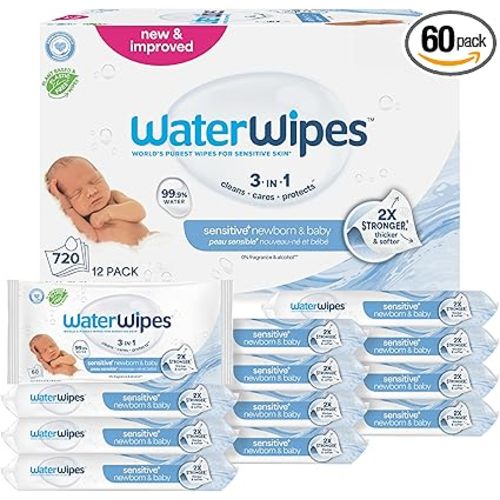 WaterWipes Sensitive+ Newborn & Baby Wipes, 3-In-1 Cleans, Cares, Protects, 99.9% Water, Unscented & Hypoallergenic, 720 Count (12 Packs)