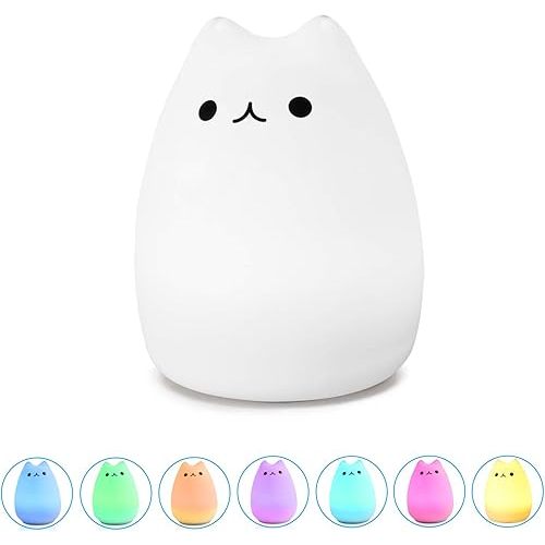 WoneNice Cute Kitty Night Light, Rechargeable Silicone Cute Lamp with Warm White & 7-Color Breathing Modes, Touch Sensor Control, Gift for Women Teen Girls Kids Toddler Baby