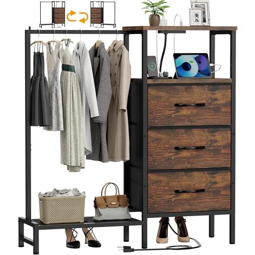 Dresser for Bedroom with Hanging Rack, 3 Drawers Closet with Charging Station, Fabric Chest of Drawers with Clothes Rack, Storage Organzier for Hallway Entryway, Brown