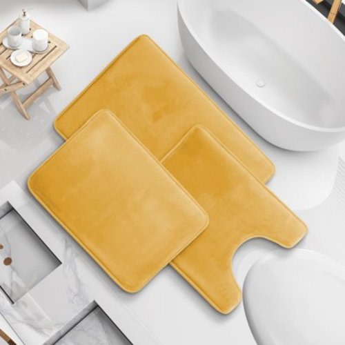 Nestl Set of 3 Absorbent Memory Foam Bath Mat Bathroom Rugs, Gold, Large 20"x32", Small 17"x24", Contour 24"x20"