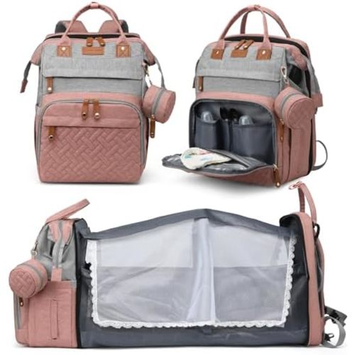 Diaper Bag Backpack with Changing Station, Large Diaper Bag For Boys And Girls, Multifunctional Waterproof Travel Diaper Backpack, Baby Bag with USB Charging Port for Moms Dads,pink
