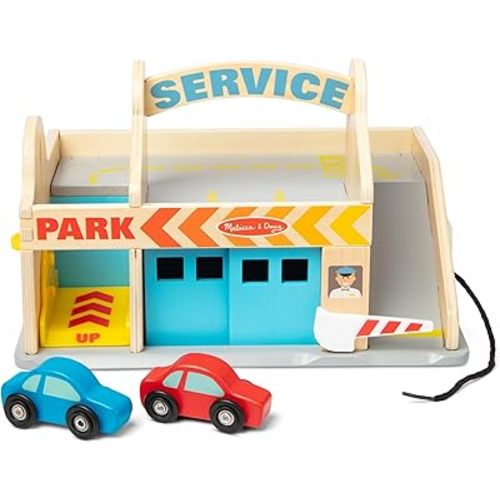 Melissa & Doug Service Station Parking Garage with 2 Wooden Cars and Drive-Thru Car Wash
