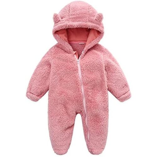 UVIPC Newborn Baby Fleece Footie Snowsuit Winter Onesie Cartoon Bear Warm Hooded Outfits for Girls Boys
