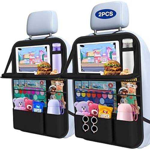 Car Backseat Organizer with Table Tray((2-Pack)) 9 Storage Pockets Backseat Car Organizer and storage with Tablet Holder, Kick Mats Back Seat Cover for Kids family Road Trip Essentials Travel