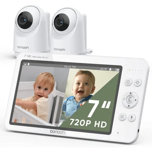 bonoch MegaView Baby Monitor with 2 Cameras, 7" 720P HD Split Screen Baby Monitor No WiFi, Video Baby Monitor with Camera and Audio, 6000mAh, VOX Mode, 2 Way Audio, Remote PTZ, Auto Night Vision