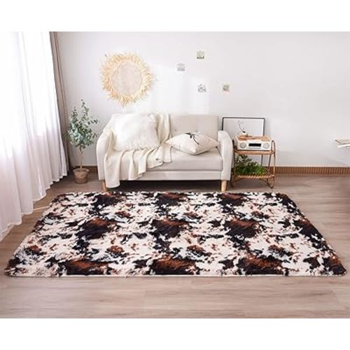 Aimuan Cow Print Area Rug Cute Fluffy Faux Cowhide Rug Super Soft Shaggy Carpets Tie-Dye Rugs for Living Room Bedroom Girls Kids Room Nursery Home Decor Non-Slip Mat (Coffee-Black, 5x7)
