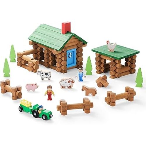 SainSmart Jr. Wooden Log Cabin Set Farm Building House Toy for Toddlers, 122 PCS Classic STEM Construction Kit with Colorful Wood Logs Blocks for 3+ Years Old