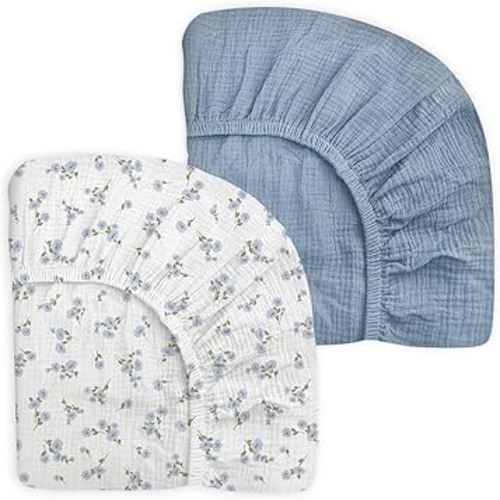 Pack and Play Sheets for Baby Boy and Girl 2 Pack, Neutral Muslin Cotton Pack N Play Mattresses Sheet 27"x39", Muslin Nursery Bedding Soft and Breathable Comfort(Bluebell Bloom & Light Blue)
