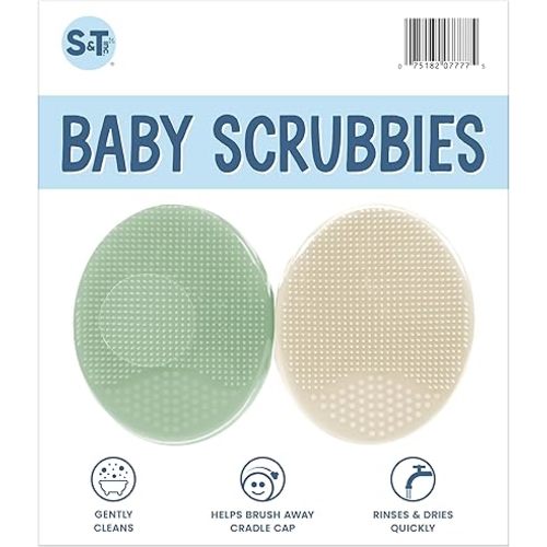 S&T INC. Baby Bath Brush, Silicone Cradle Cap Brush, Baby Bath Essentials, 2 Pack, 2 Inches x 2.5 Inches, Sage Green & Cream